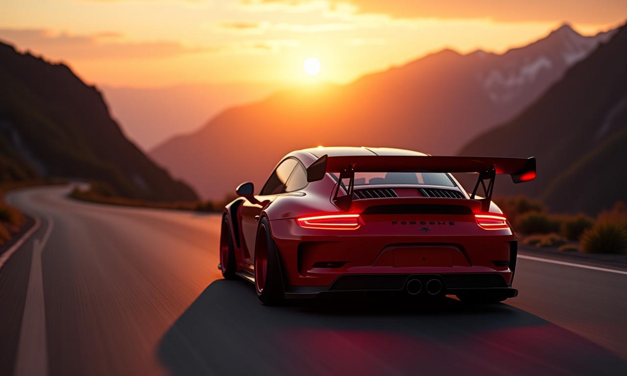 Stark modifiziertes Auto auf einem Bergpass bei Sonnenuntergang