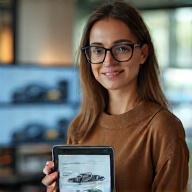 Porträt einer kreativen Designerin mit Skizzen eines Autokarosserie-Designs in den Händen, vor dem Hintergrund eines Designstudios.